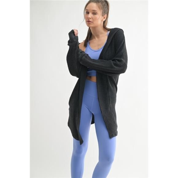 MONO B Chunky Waffle Mineral Wash Hooded‎ Open Cardigan - Picture 1 of 4